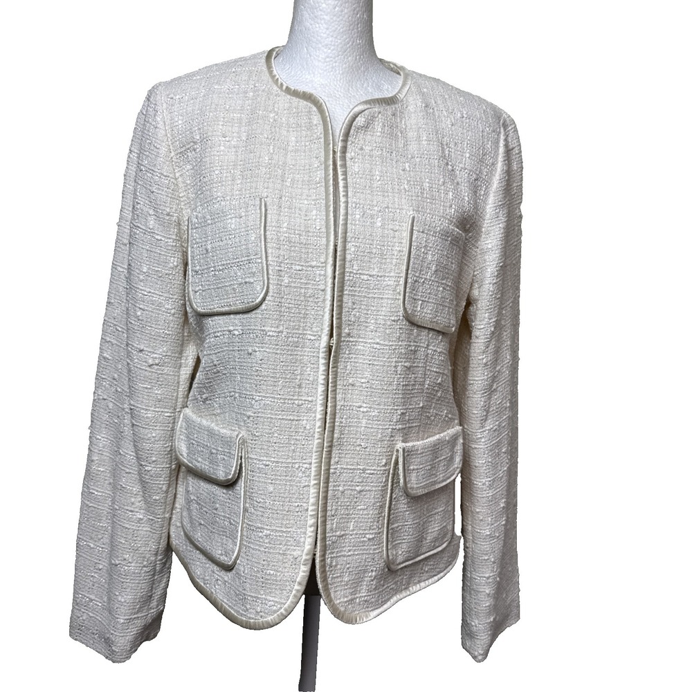 Pendleton Cream Tweed Jacket Size 10 Cotton Blend Open Front 4-Pocket Blazer